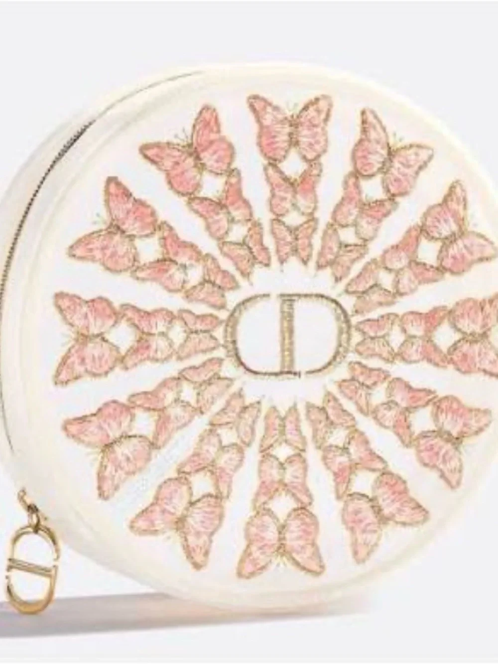 Dior Round Pink & Gold Embroidered Butterfly Pouch